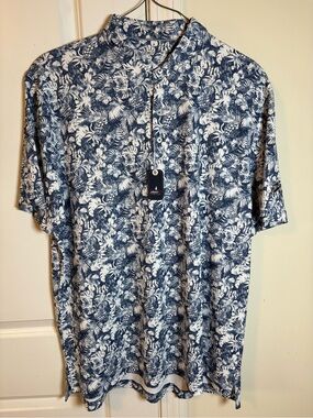 johnnie-O Navy and White Tropical Print Golf Polo